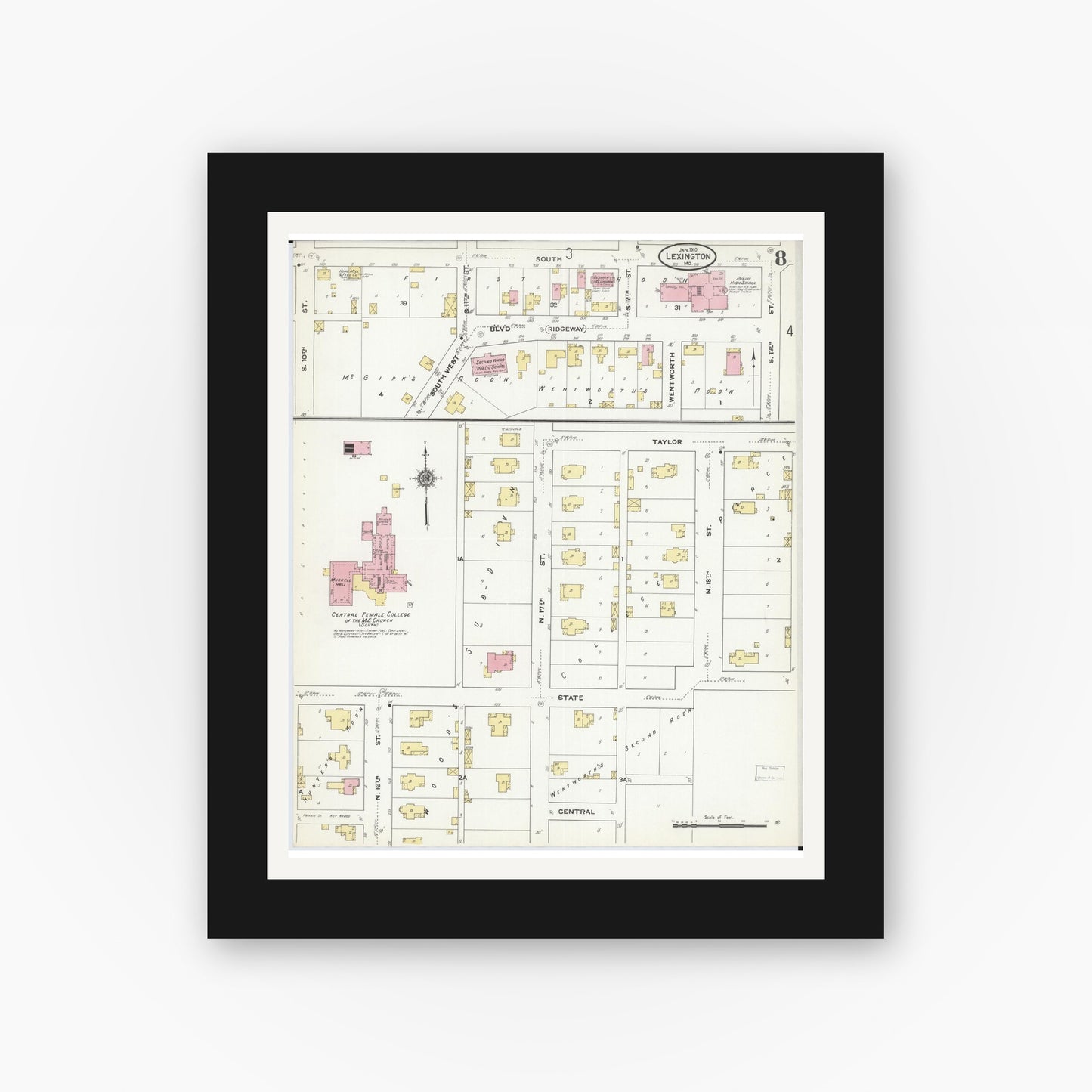 Old map wall art mockup — black gallery frame with white mat — Sanborn Fire Insurance Map from Lexington, Lafayette County, Missouri (1910), Sheet #0008