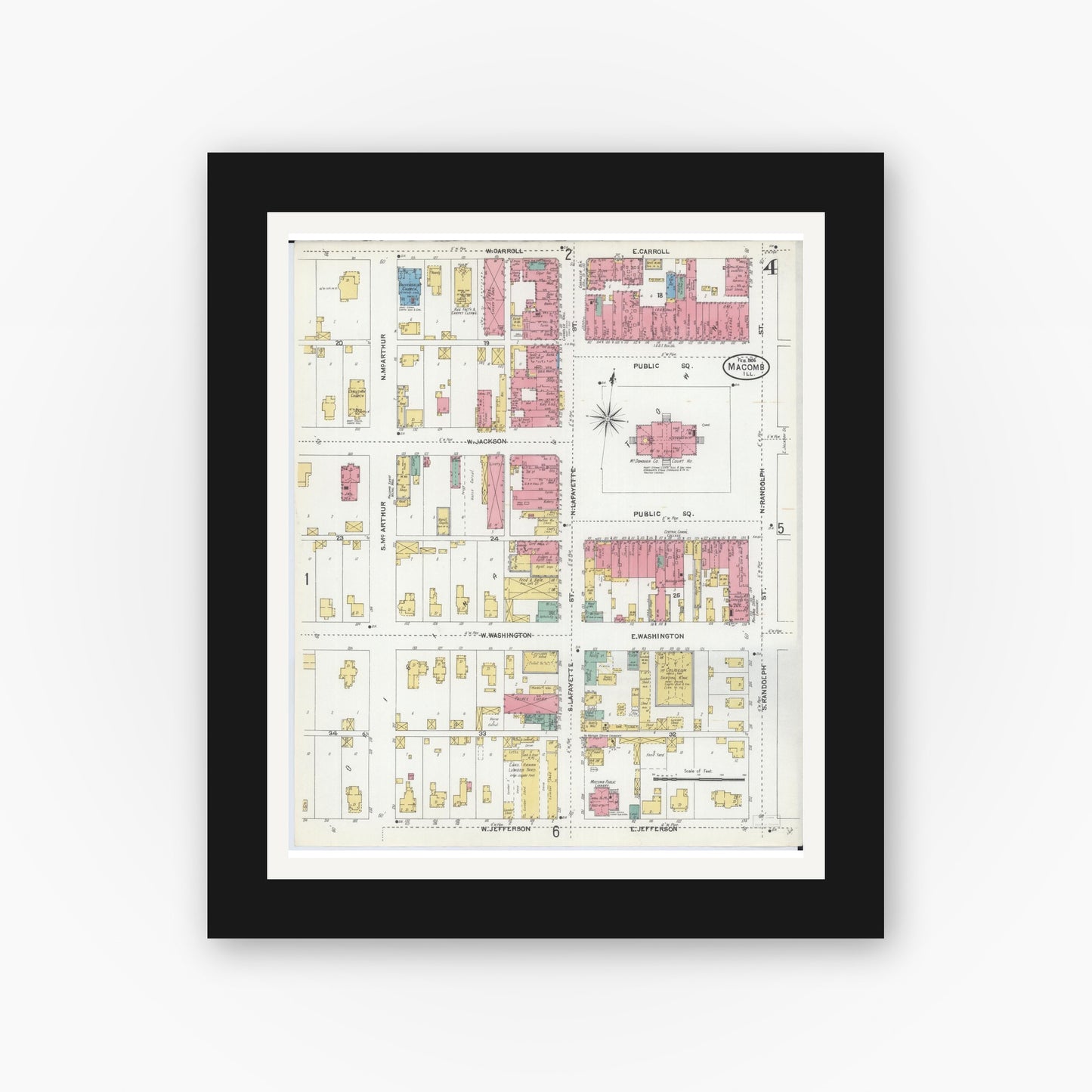 Old map wall art mockup — black gallery frame with white mat — Sanborn Fire Insurance Map from Macomb, Mcdonough County, Illinois (1906), Sheet #0004