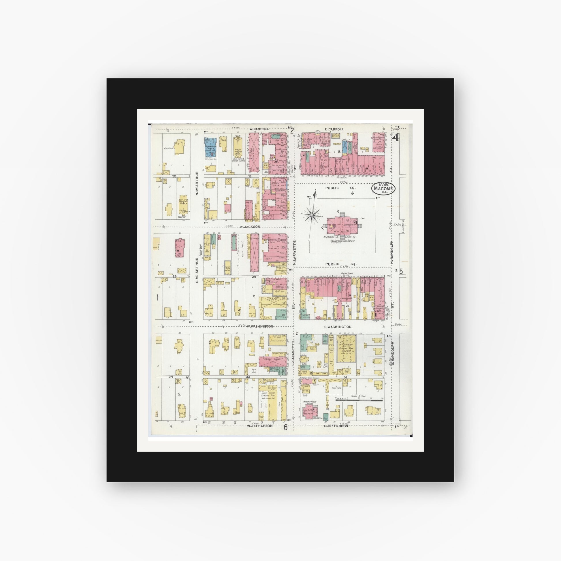 Old map wall art mockup — black gallery frame with white mat — Sanborn Fire Insurance Map from Macomb, Mcdonough County, Illinois (1906), Sheet #0004