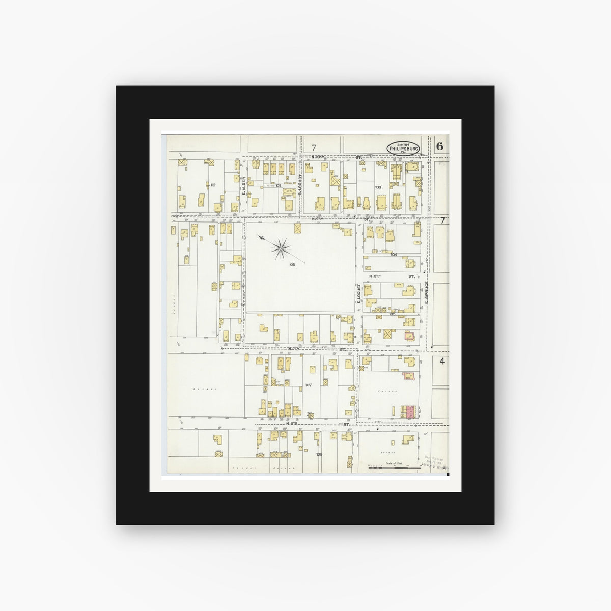 Old map wall art mockup — black gallery frame with white mat — Sanborn Fire Insurance Map from Philipsburg, Centre County, Pennsylvania (1904), Sheet #0006