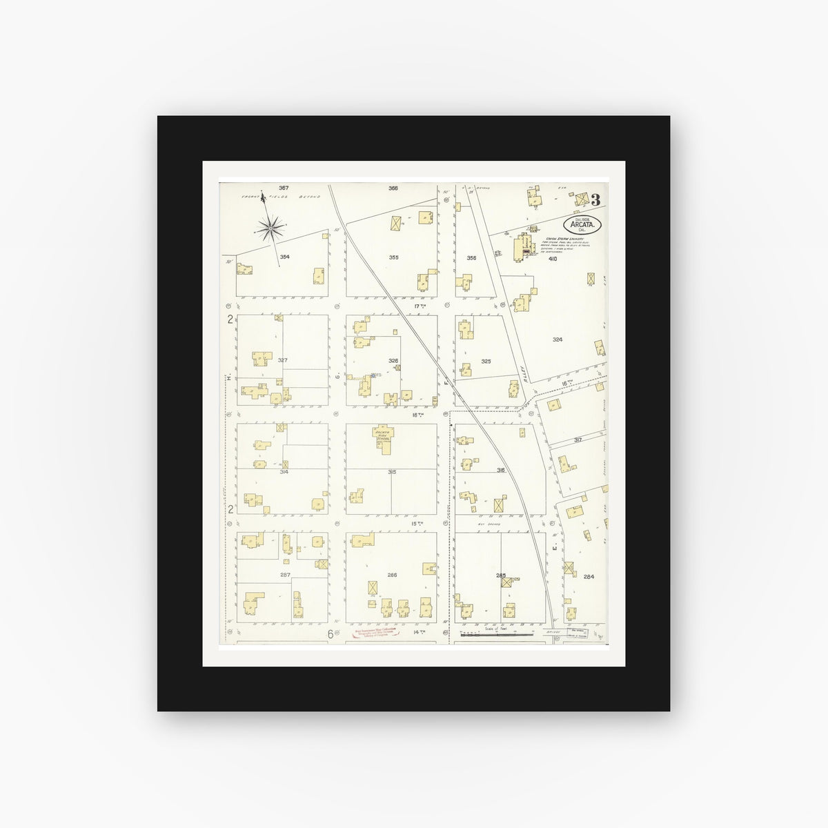 Old map wall art mockup — black gallery frame with white mat — Sanborn Fire Insurance Map from Arcata, Humboldt County, California (1908), Sheet #0003