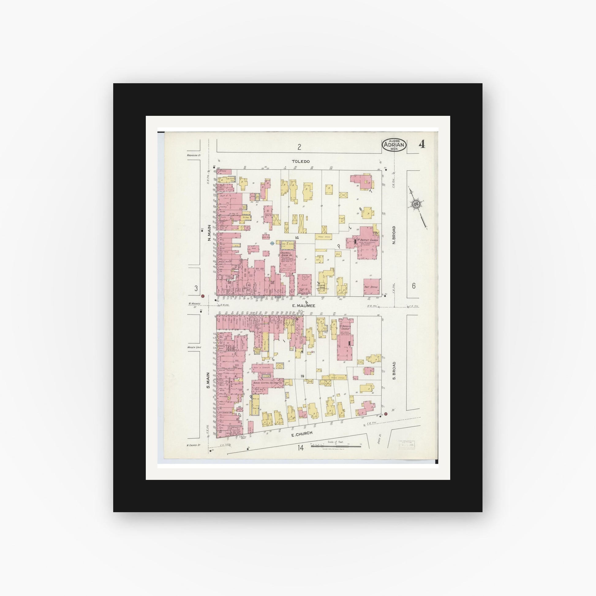 Old map wall art mockup — black gallery frame with white mat — Sanborn Fire Insurance Map from Adrian, Lenawee County, Michigan (1916), Sheet #0004