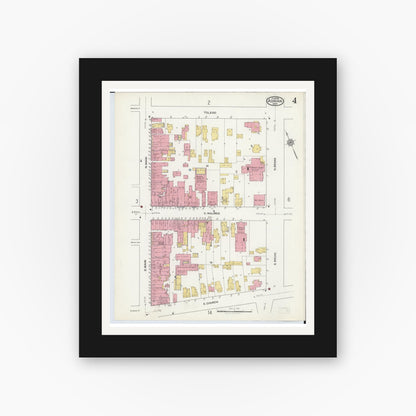 Old map wall art mockup — black gallery frame with white mat — Sanborn Fire Insurance Map from Adrian, Lenawee County, Michigan (1916), Sheet #0004
