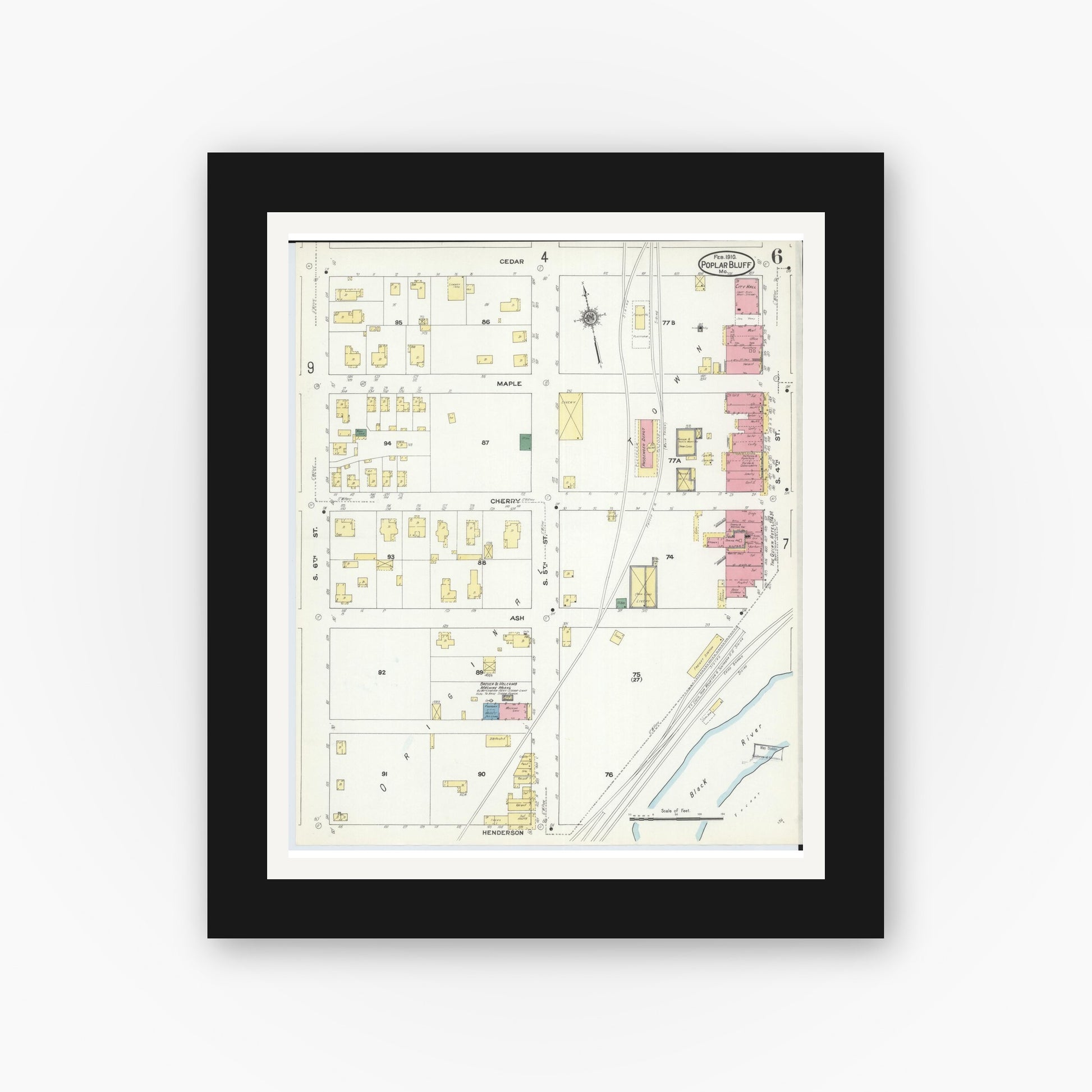 Old map wall art mockup — black gallery frame with white mat — Sanborn Fire Insurance Map from Poplar Bluff, Butler County, Missouri (1910), Sheet #0006