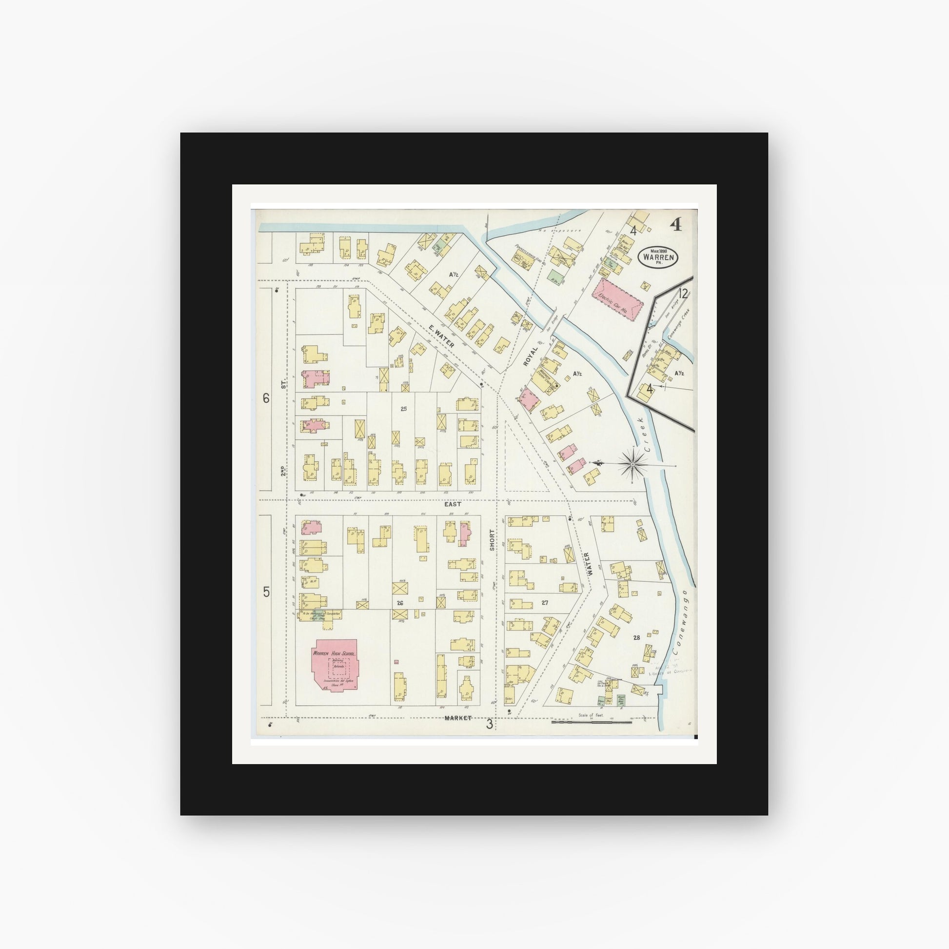 Old map wall art mockup — black gallery frame with white mat — Sanborn Fire Insurance Map from Warren, Warren County, Pennsylvania (1898), Sheet #0004