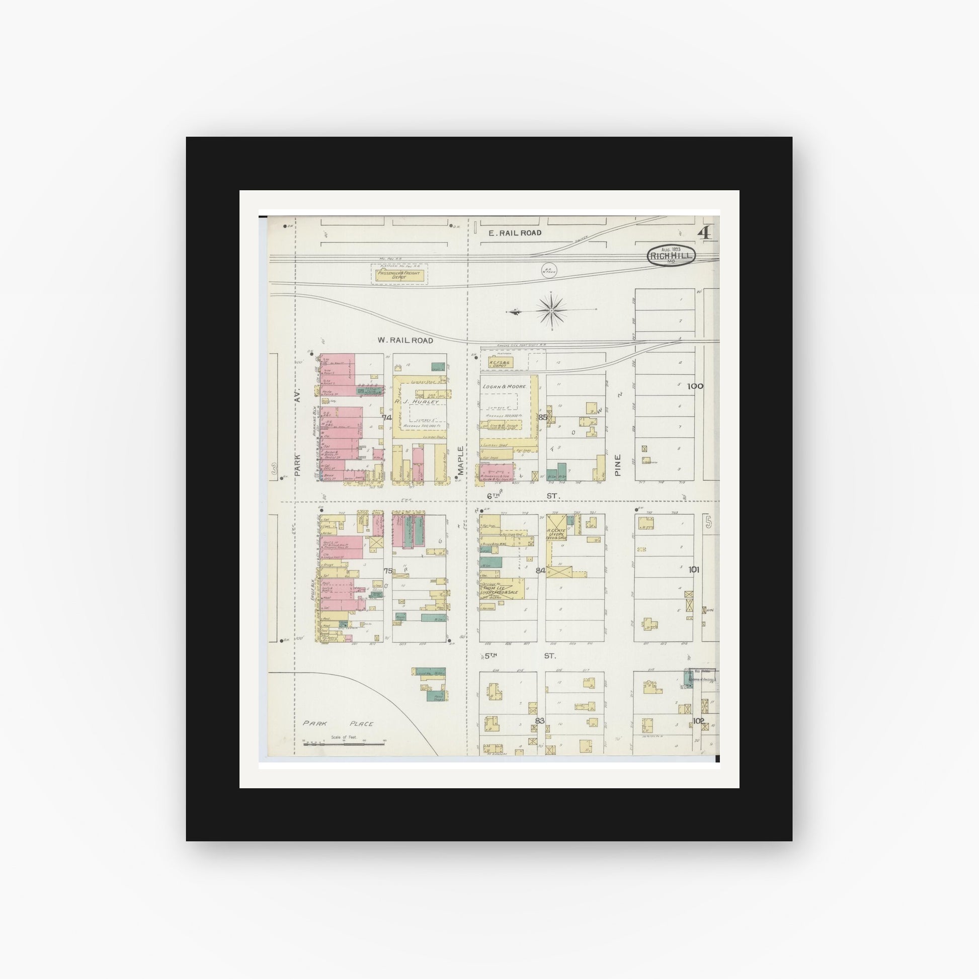 Old map wall art mockup — black gallery frame with white mat — Sanborn Fire Insurance Map from Rich Hill, Bates County, Missouri (1893), Sheet #0004