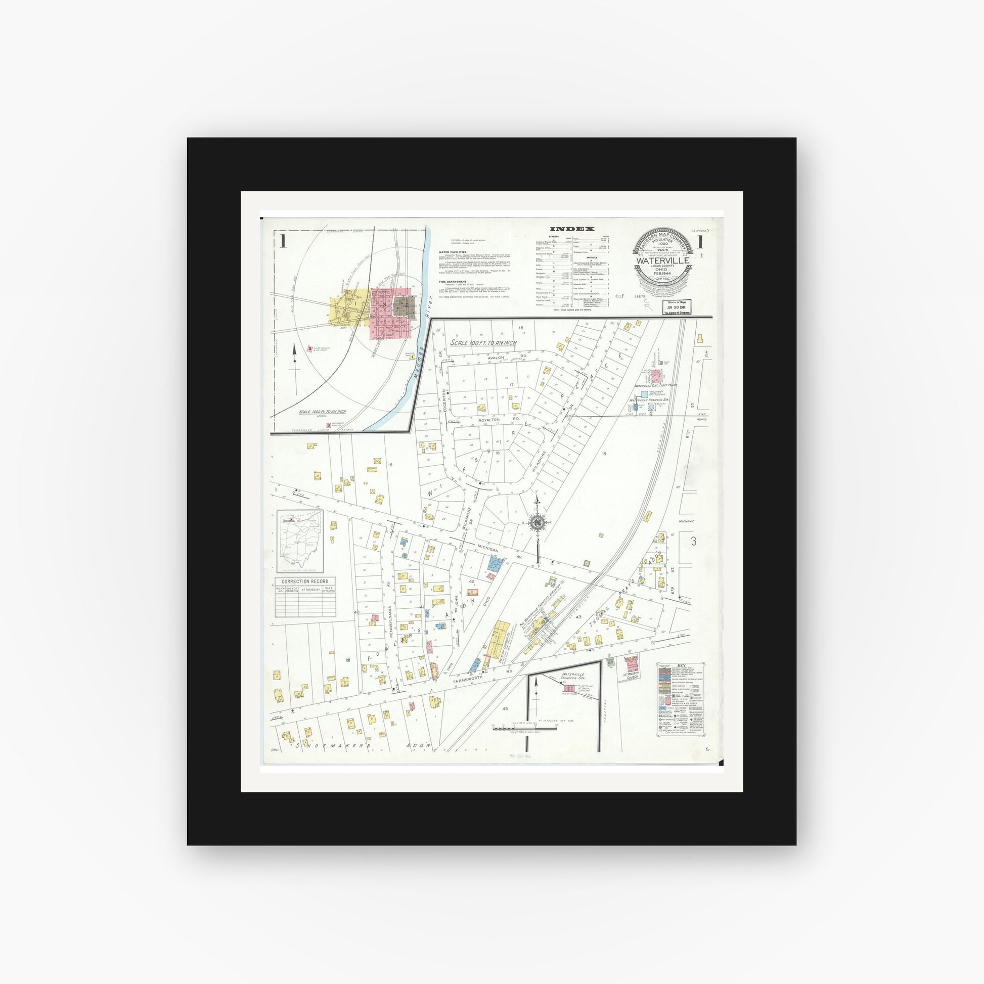 Old map wall art mockup — black gallery frame with white mat — Sanborn Fire Insurance Map from Waterville, Lucas County, Ohio (1944) - Complete Map Set