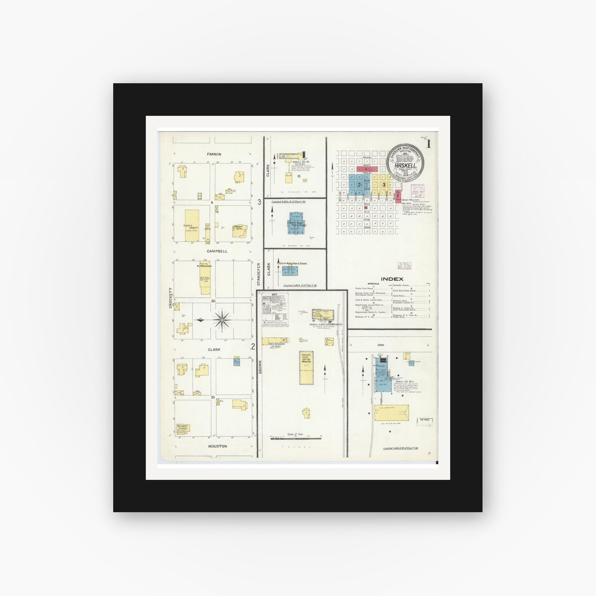 Old map wall art mockup — black gallery frame with white mat — Sanborn Fire Insurance Map from Haskell, Haskell County, Texas (1908), Sheet #0001