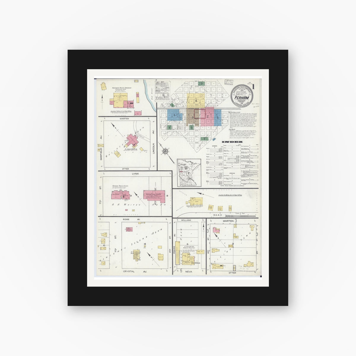 Old map wall art mockup — black gallery frame with white mat — Sanborn Fire Insurance Map from Perham, Otter Tail County, Minnesota (1916) - Complete Map Set