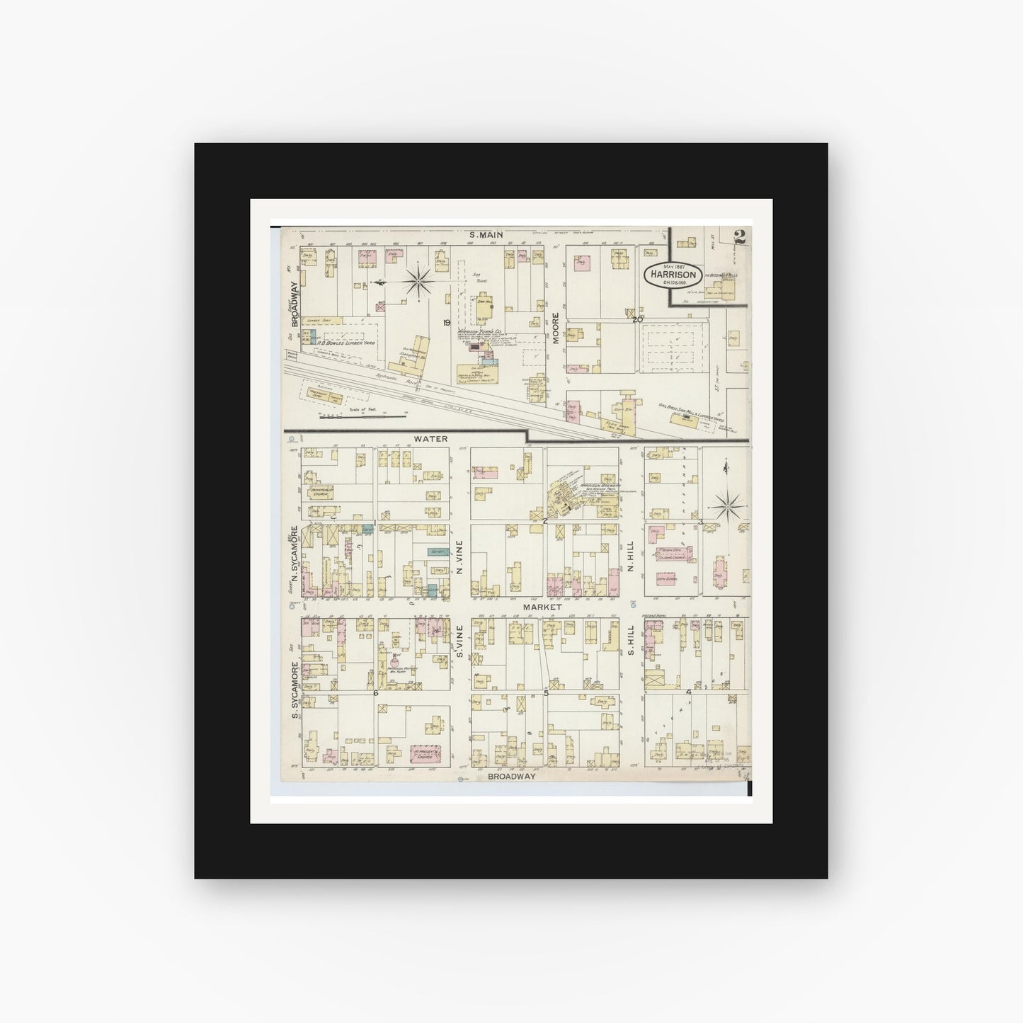 Old map wall art mockup — black gallery frame with white mat — Sanborn Fire Insurance Map from Harrison, Hamilton County, Ohio (1887), Sheet #0002
