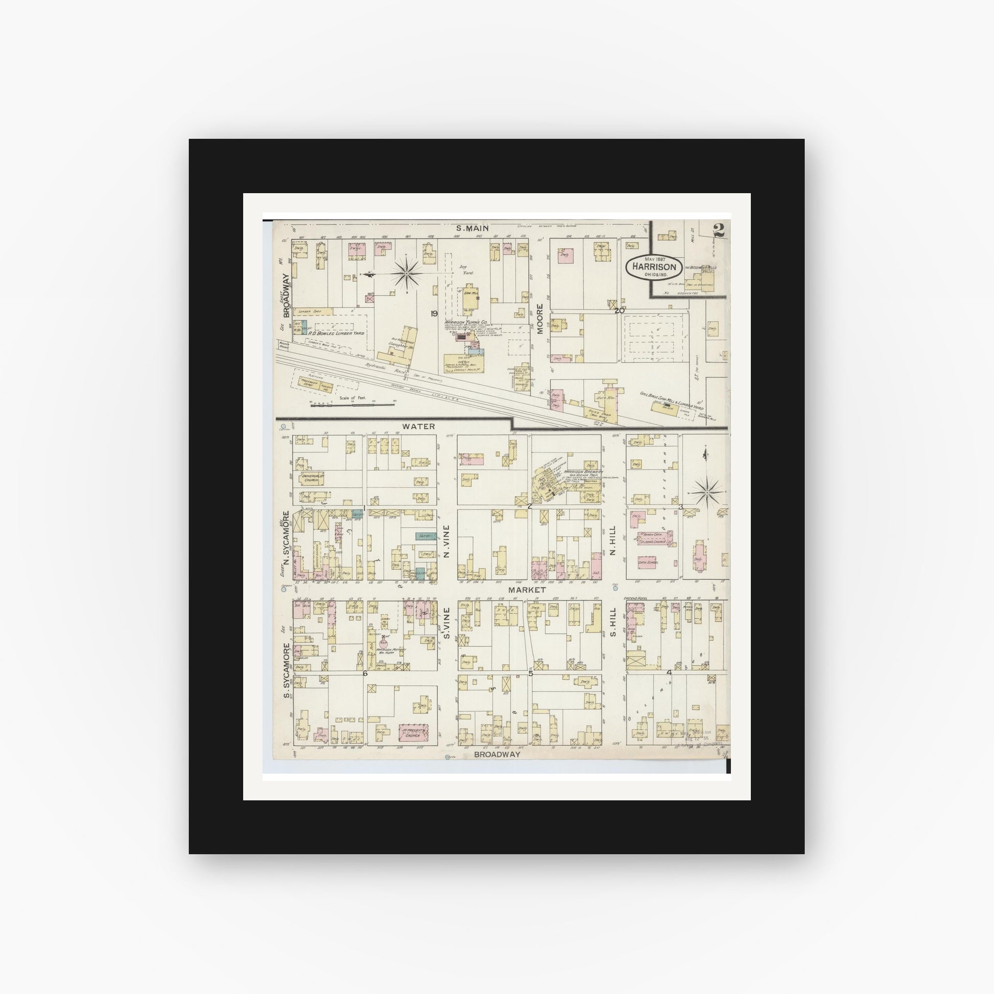 Old map wall art mockup — black gallery frame with white mat — Sanborn Fire Insurance Map from Harrison, Hamilton County, Ohio (1887), Sheet #0002