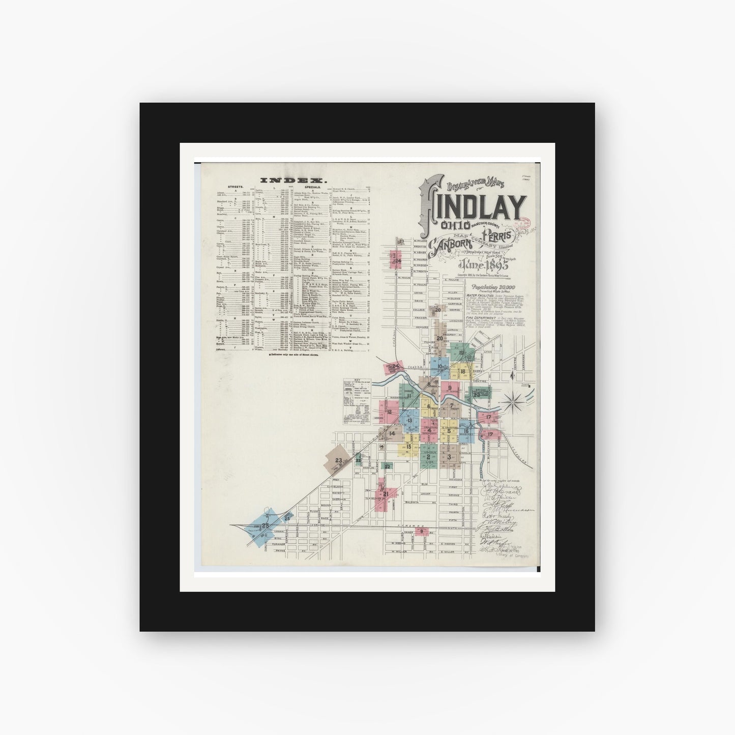 Old map wall art mockup — black gallery frame with white mat — Sanborn Fire Insurance Map from Findlay, Hancock County, Ohio (1895) - Complete Map Set