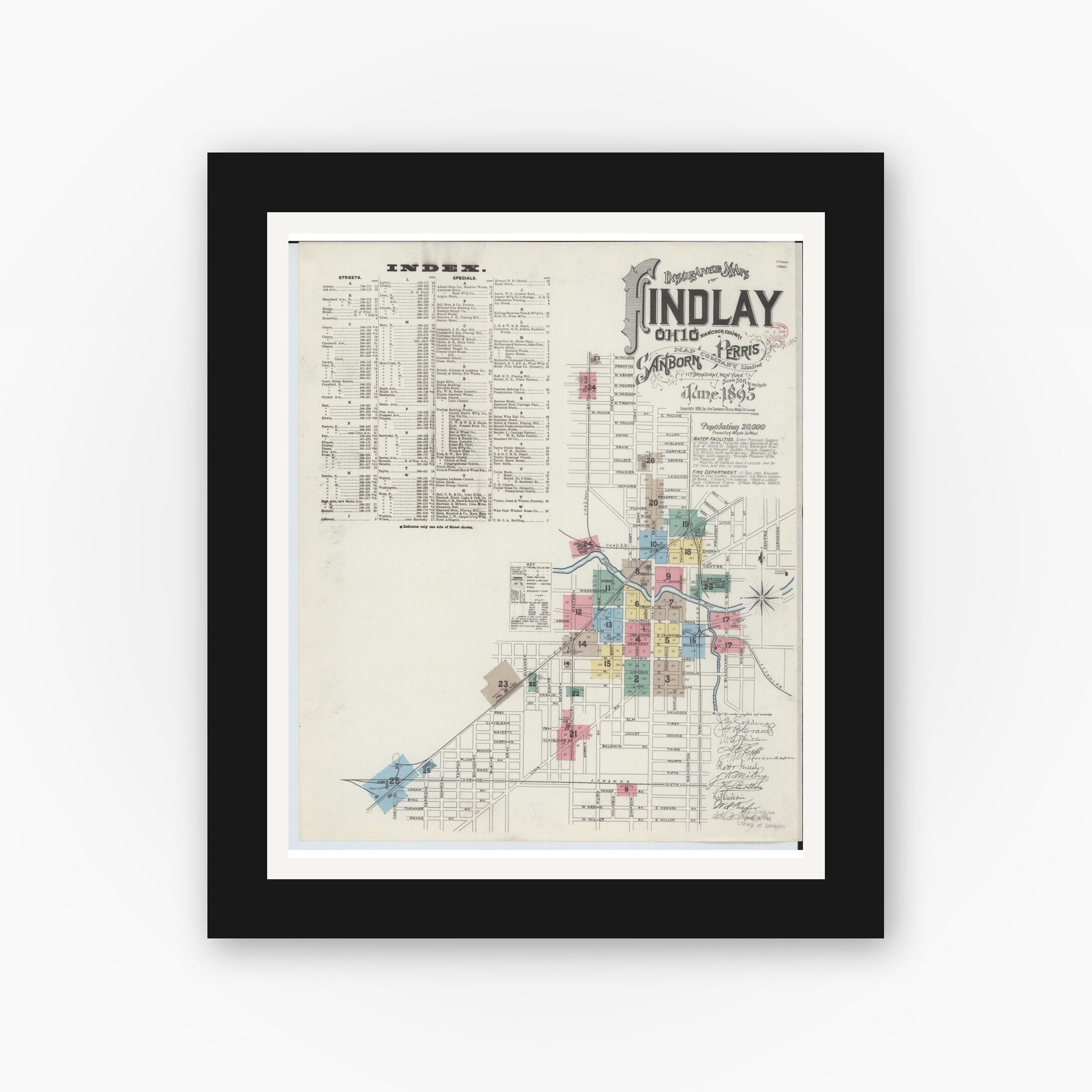 Old map wall art mockup — black gallery frame with white mat — Sanborn Fire Insurance Map from Findlay, Hancock County, Ohio (1895) - Complete Map Set