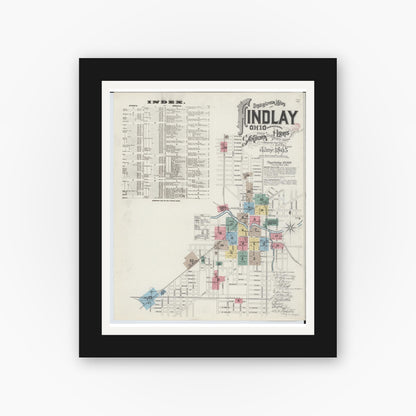 Old map wall art mockup — black gallery frame with white mat — Sanborn Fire Insurance Map from Findlay, Hancock County, Ohio (1895) - Complete Map Set