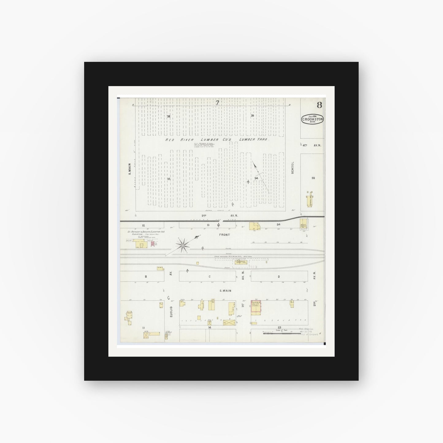Old map wall art mockup — black gallery frame with white mat — Sanborn Fire Insurance Map from Crookston, Polk County, Minnesota (1896), Sheet #0008