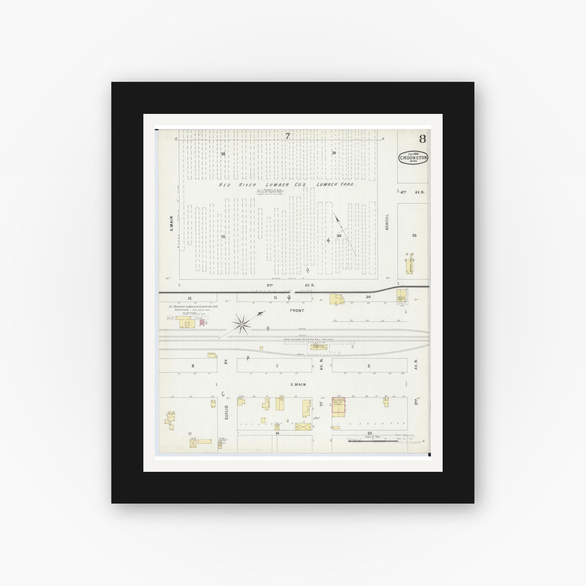 Old map wall art mockup — black gallery frame with white mat — Sanborn Fire Insurance Map from Crookston, Polk County, Minnesota (1896), Sheet #0008