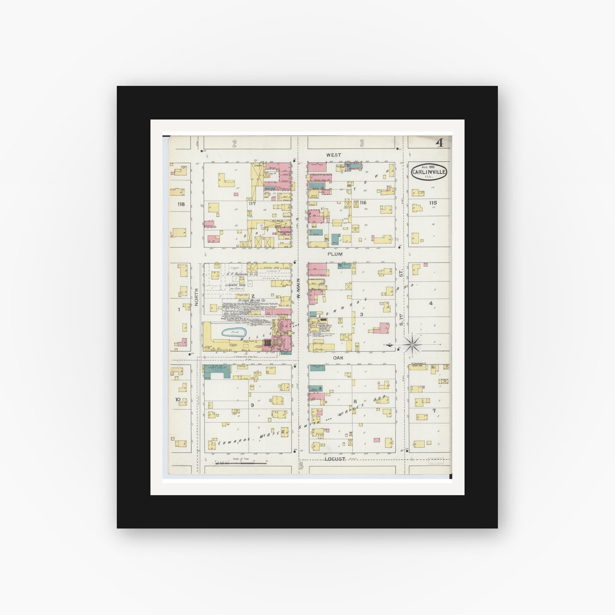 Old map wall art mockup — black gallery frame with white mat — Sanborn Fire Insurance Map from Carlinville, Macoupin County, Illinois (1893), Sheet #0004