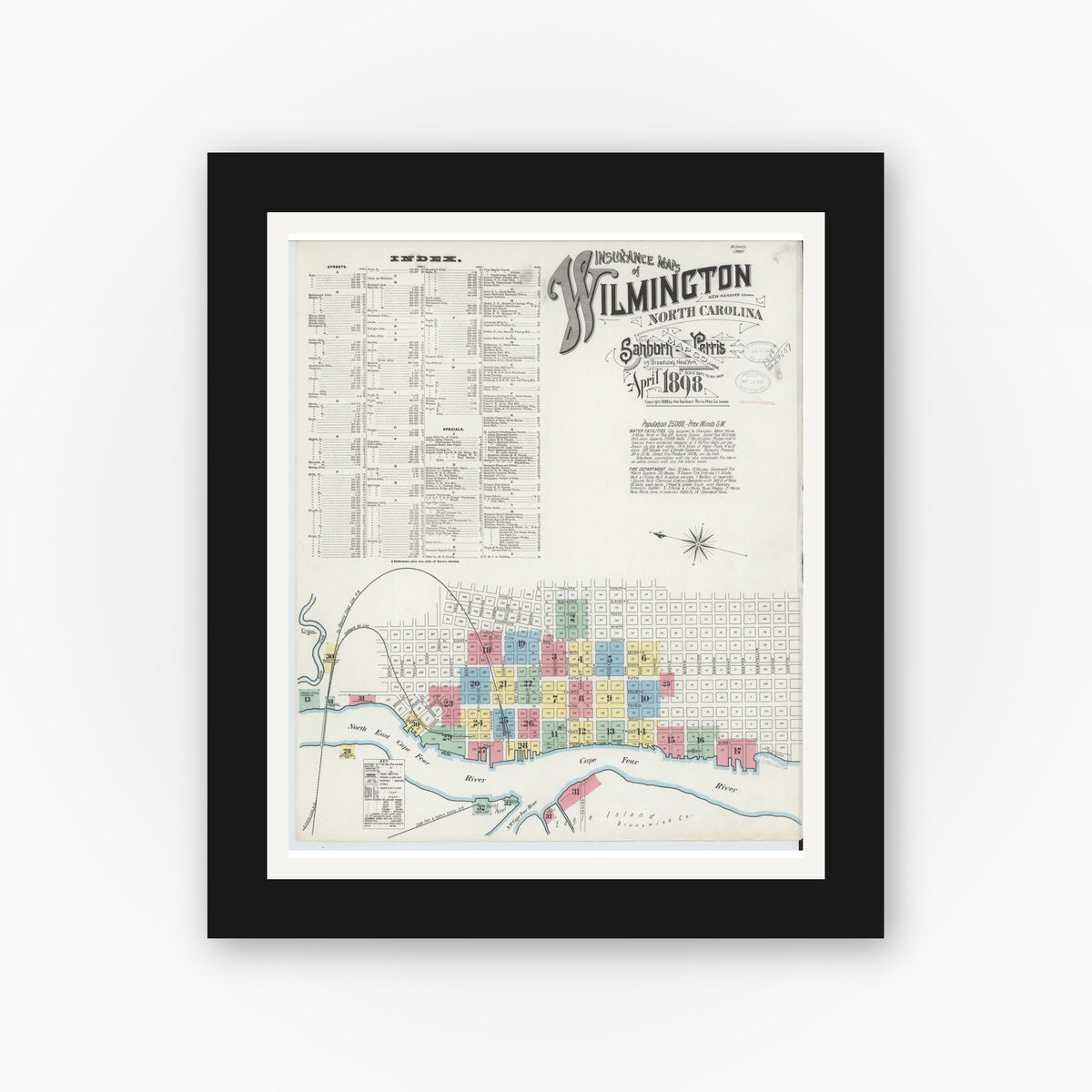 Old map wall art mockup — black gallery frame with white mat — Sanborn Fire Insurance Map from Wilmington, New Hanover County, North Carolina (1898) - Complete Map Set