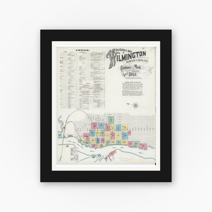 Old map wall art mockup — black gallery frame with white mat — Sanborn Fire Insurance Map from Wilmington, New Hanover County, North Carolina (1898) - Complete Map Set
