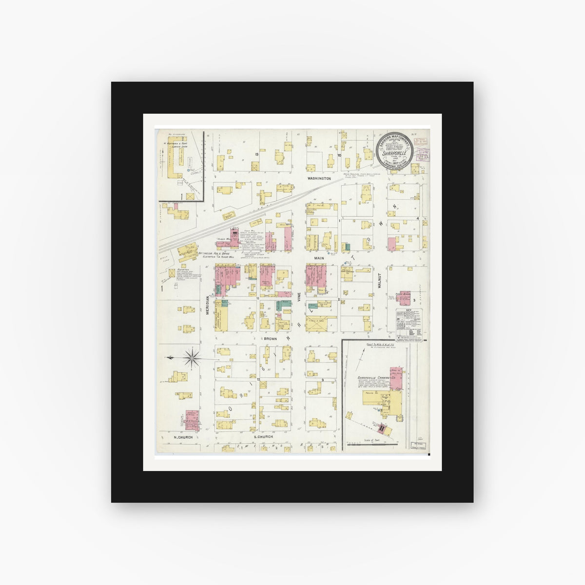 Old map wall art mockup — black gallery frame with white mat — Sanborn Fire Insurance Map from Sharpsville, Tipton County, Indiana (1907), Sheet #0001