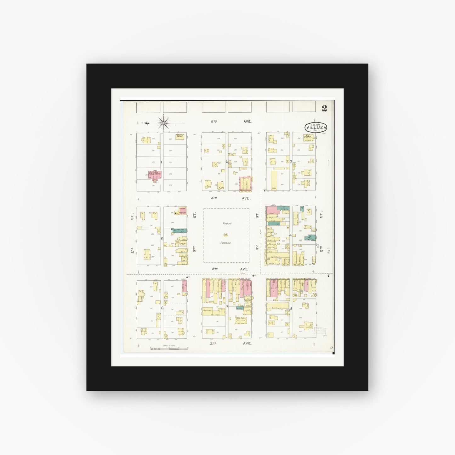 Old map wall art mockup — black gallery frame with white mat — Sanborn Fire Insurance Map from Villisca, Montgomery County, Iowa (1893), Sheet #0002