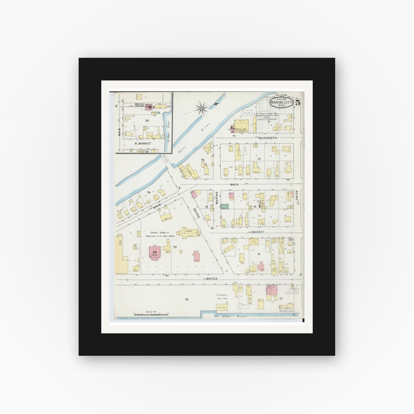 Old map wall art mockup — black gallery frame with white mat — Sanborn Fire Insurance Map from Marine City, Saint Clair County, Michigan (1895), Sheet #0005