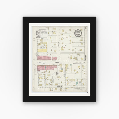 Old map wall art mockup — black gallery frame with white mat — Sanborn Fire Insurance Map from Whitesboro, Grayson County, Texas (1891), Sheet #0001