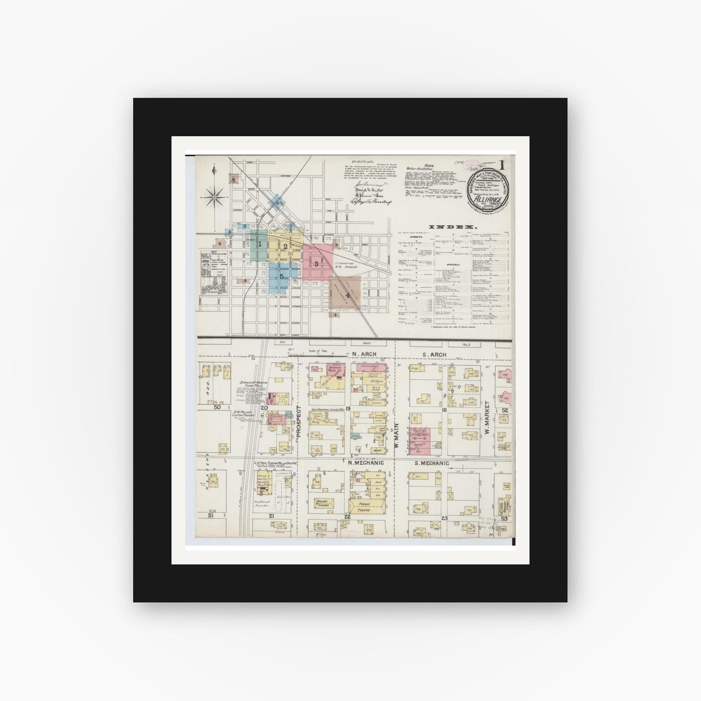 Old map wall art mockup — black gallery frame with white mat — Sanborn Fire Insurance Map from Alliance, Stark County, Ohio (1888), Sheet #0001