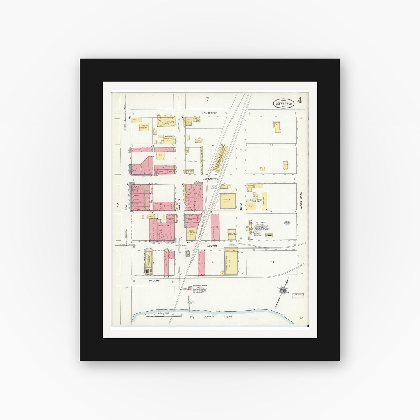 Old map wall art mockup — black gallery frame with white mat — Sanborn Fire Insurance Map from Jefferson, Marion County, Texas (1911), Sheet #0004