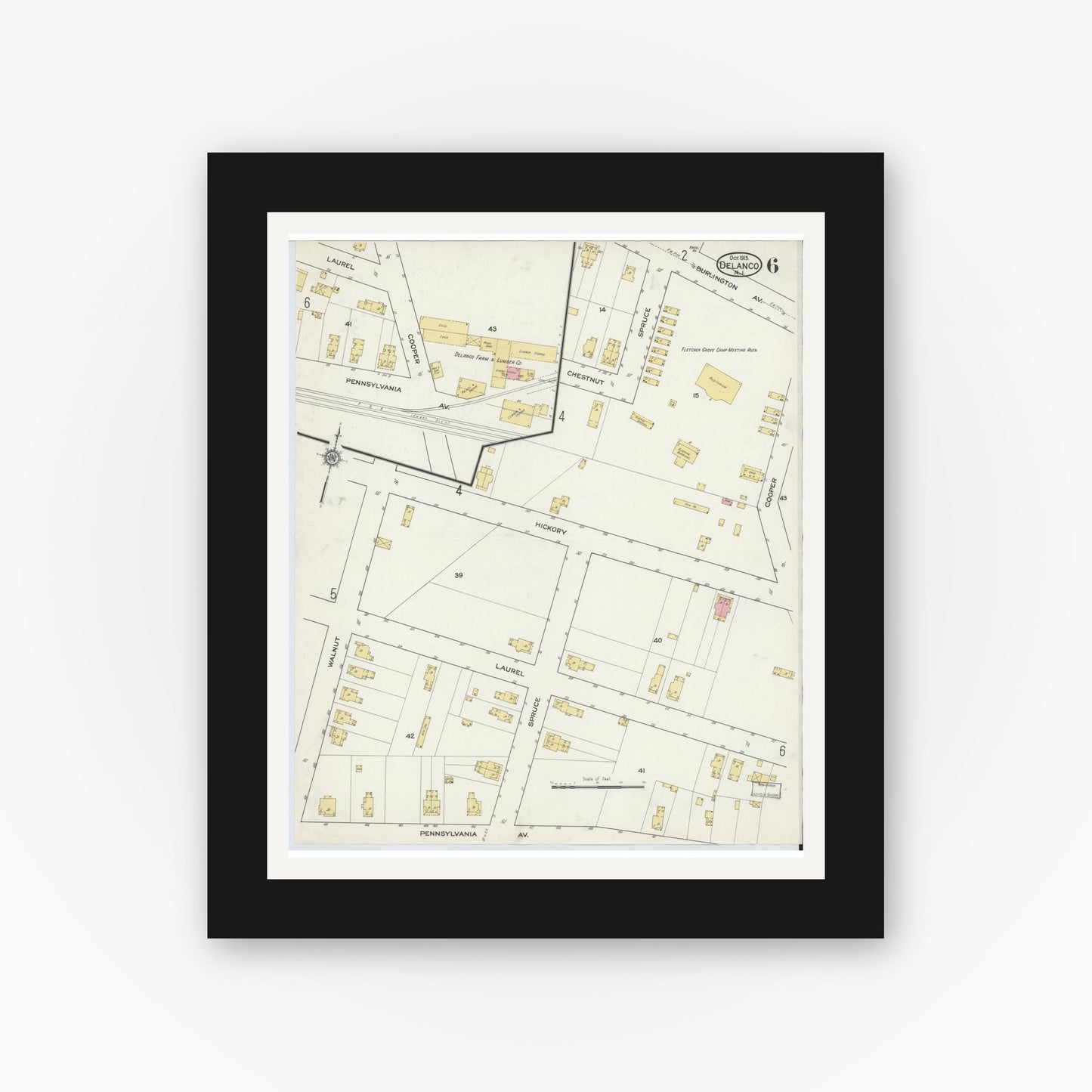 Old map wall art mockup — black gallery frame with white mat — Sanborn Fire Insurance Map from Delanco, Burlington County, New Jersey (1915), Sheet #0006