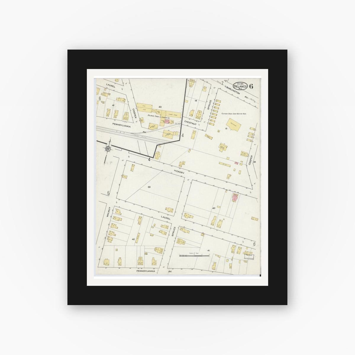 Old map wall art mockup — black gallery frame with white mat — Sanborn Fire Insurance Map from Delanco, Burlington County, New Jersey (1915), Sheet #0006