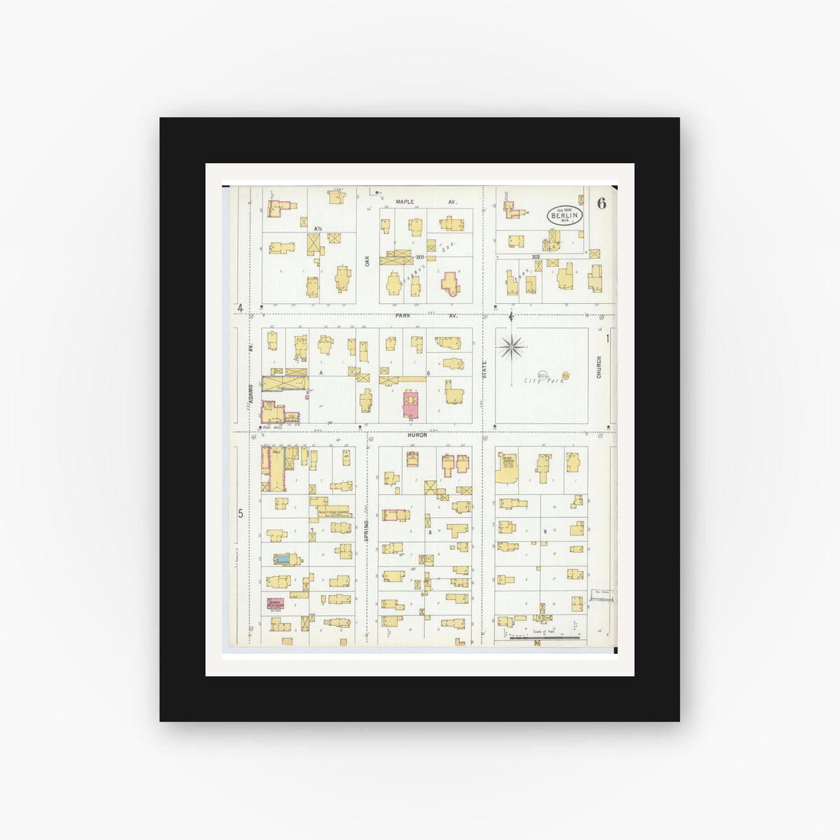 Old map wall art mockup — black gallery frame with white mat — Sanborn Fire Insurance Map from Berlin, Green Lake County, Wisconsin (1900), Sheet #0006
