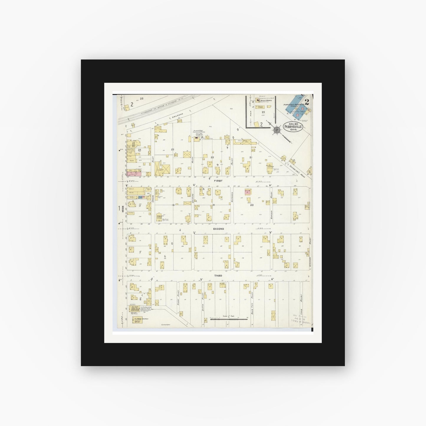 Old map wall art mockup — black gallery frame with white mat — Sanborn Fire Insurance Map from Perrysville, Ashland County, Ohio (1912), Sheet #0002
