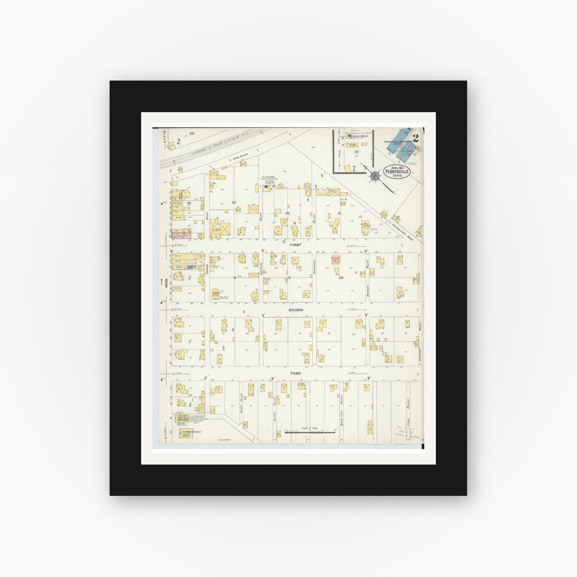 Old map wall art mockup — black gallery frame with white mat — Sanborn Fire Insurance Map from Perrysville, Ashland County, Ohio (1912), Sheet #0002