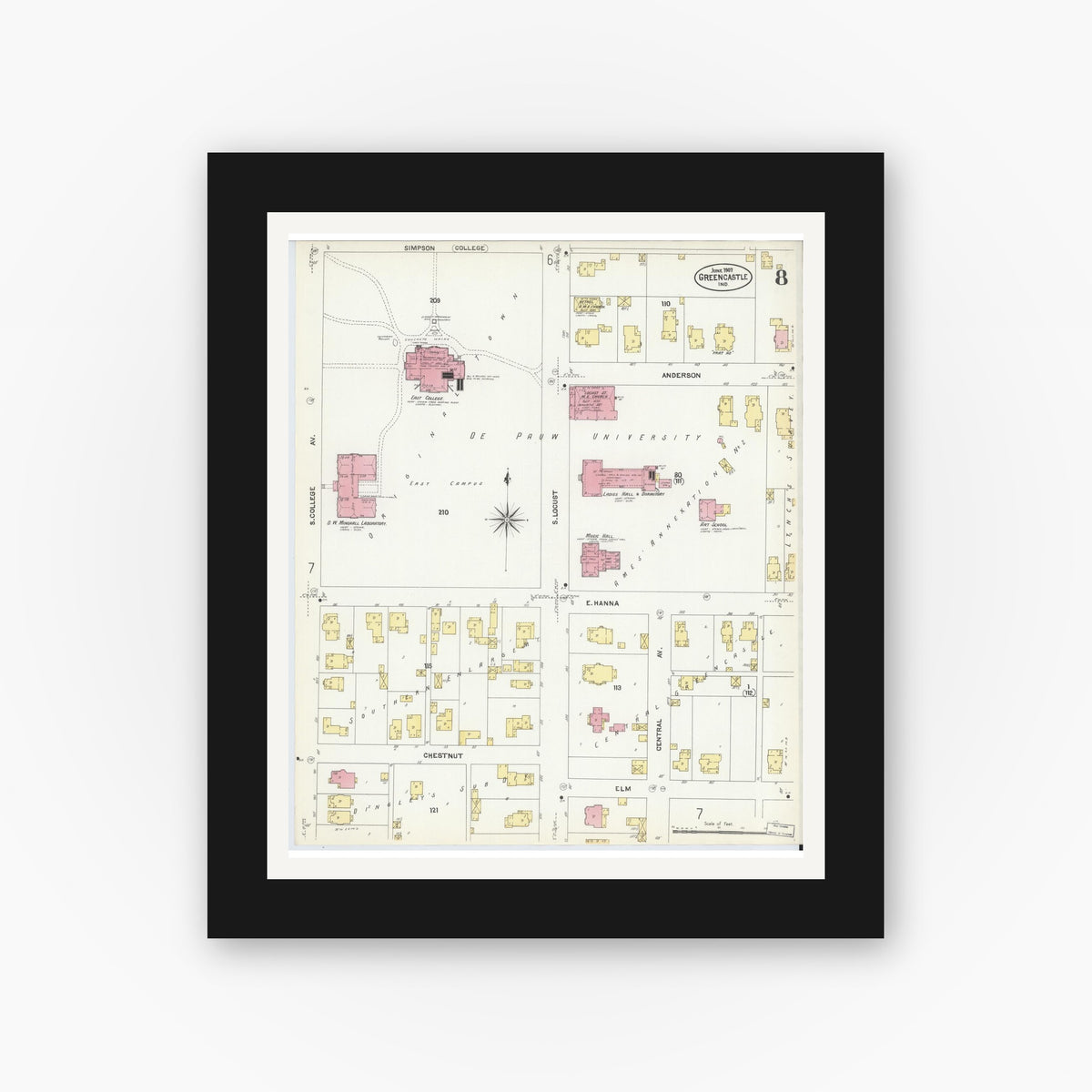 Old map wall art mockup — black gallery frame with white mat — Sanborn Fire Insurance Map from Greencastle, Putnam County, Indiana (1907), Sheet #0008
