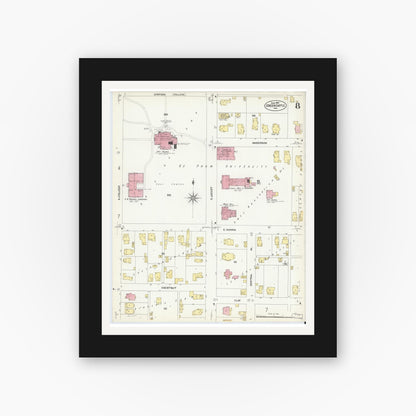 Old map wall art mockup — black gallery frame with white mat — Sanborn Fire Insurance Map from Greencastle, Putnam County, Indiana (1907), Sheet #0008