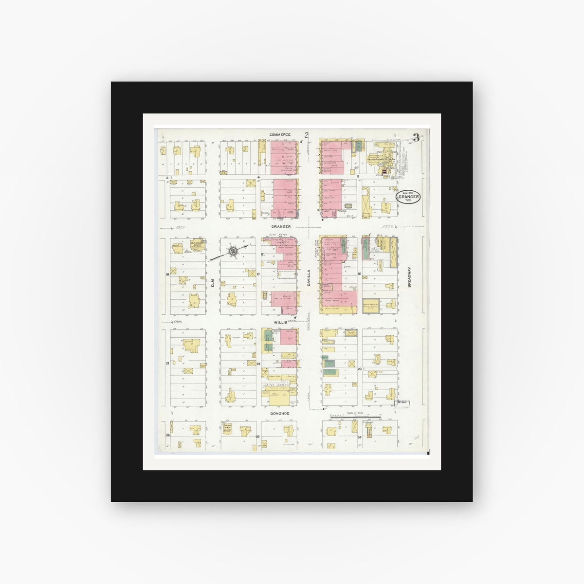 Old map wall art mockup — black gallery frame with white mat — Sanborn Fire Insurance Map from Granger, Williamson County, Texas (1910), Sheet #0003
