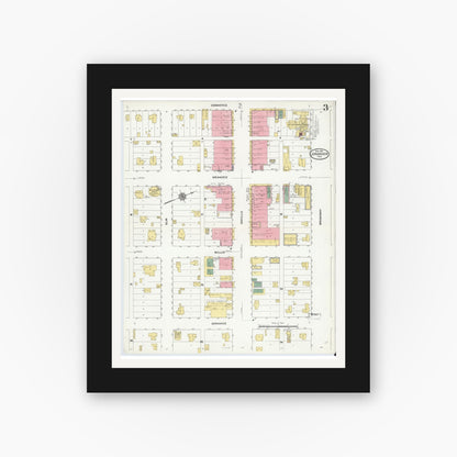 Old map wall art mockup — black gallery frame with white mat — Sanborn Fire Insurance Map from Granger, Williamson County, Texas (1910), Sheet #0003