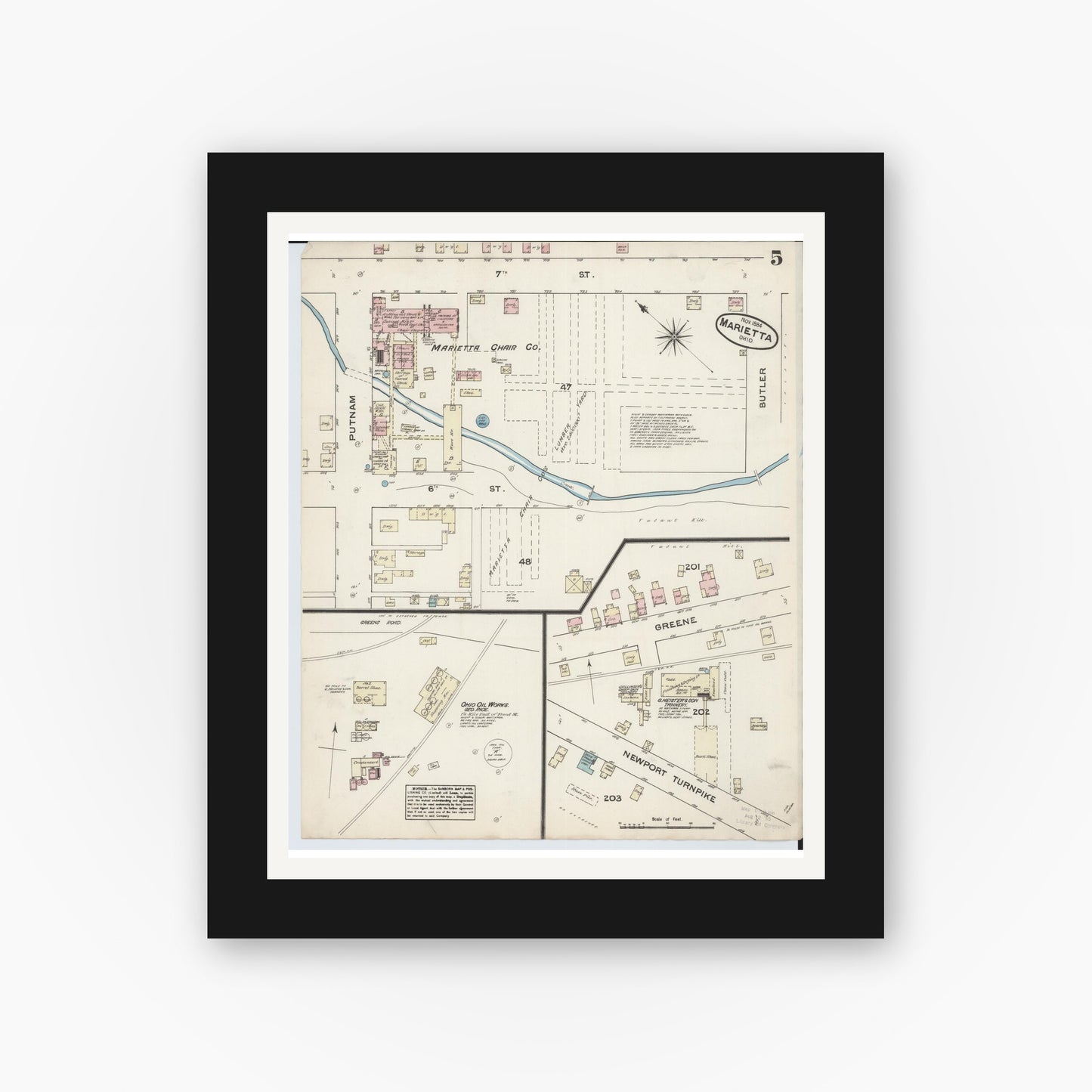 Old map wall art mockup — black gallery frame with white mat — Sanborn Fire Insurance Map from Marietta, Washington County, Ohio (1884), Sheet #0005