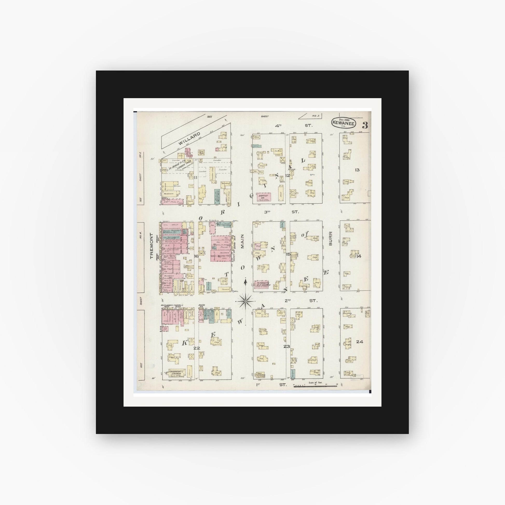 Old map wall art mockup — black gallery frame with white mat — Sanborn Fire Insurance Map from Kewanee, Henry County, Illinois (1885), Sheet #0003
