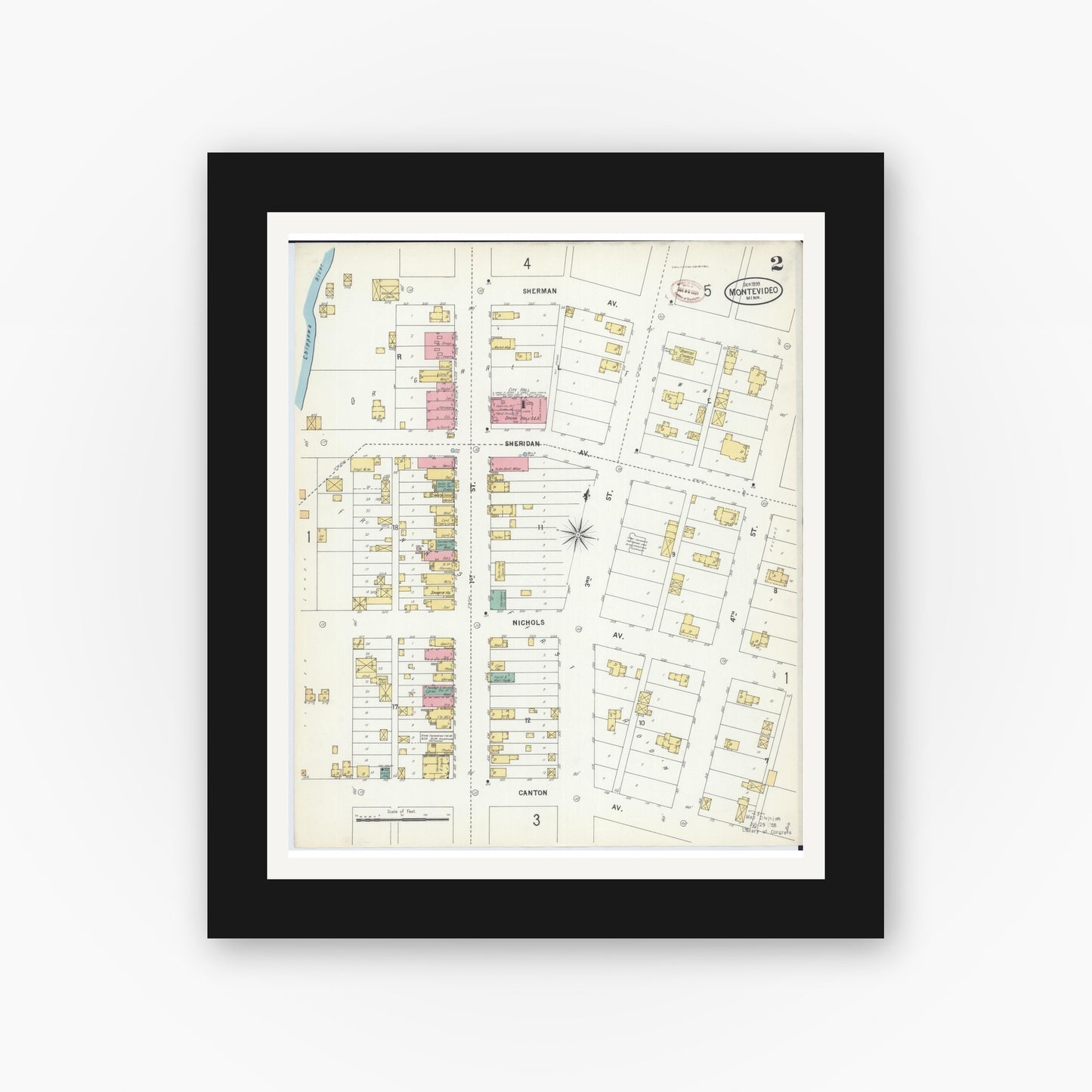 Old map wall art mockup — black gallery frame with white mat — Sanborn Fire Insurance Map from Montevideo, Chippewa County, Minnesota (1899), Sheet #0002