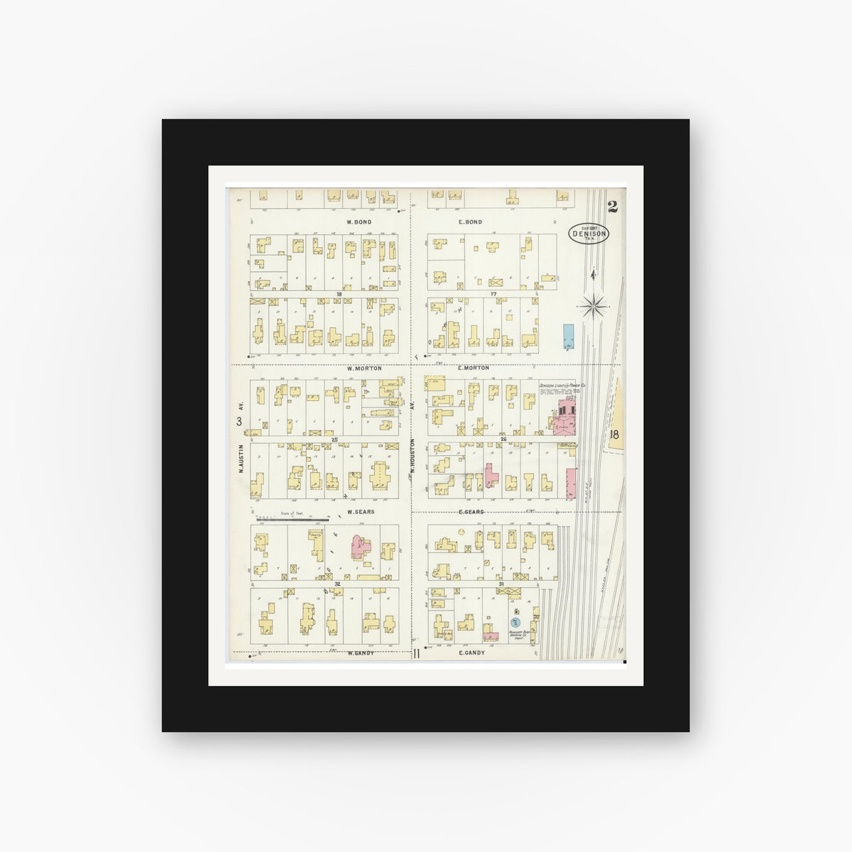 Old map wall art mockup — black gallery frame with white mat — Sanborn Fire Insurance Map from Denison, Grayson County, Texas (1897), Sheet #0002
