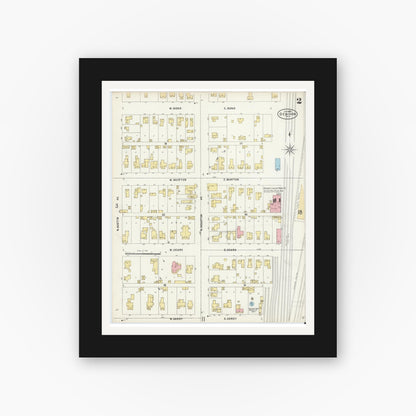 Old map wall art mockup — black gallery frame with white mat — Sanborn Fire Insurance Map from Denison, Grayson County, Texas (1897), Sheet #0002