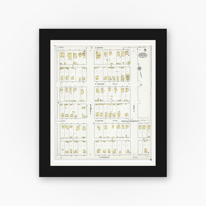 Old map wall art mockup — black gallery frame with white mat — Sanborn Fire Insurance Map from Paxton, Ford County, Illinois (1921), Sheet #0009