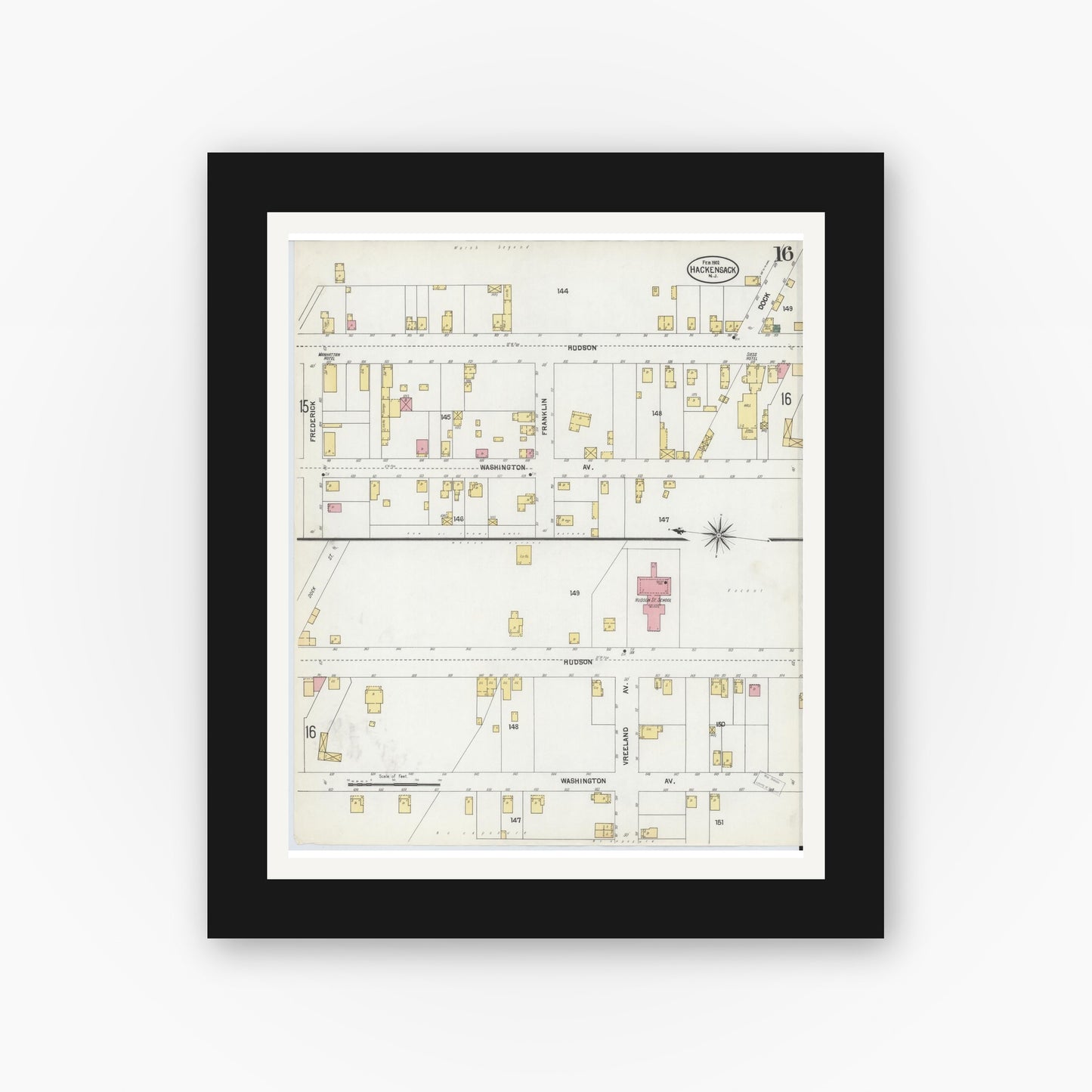 Old map wall art mockup — black gallery frame with white mat — Sanborn Fire Insurance Map from Hackensack, Bergen County, New Jersey (1902), Sheet #0016