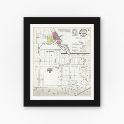 Old map wall art mockup — black gallery frame with white mat — Sanborn Fire Insurance Map from Melbourne, Brevard County, Florida (1920), Sheet #0001