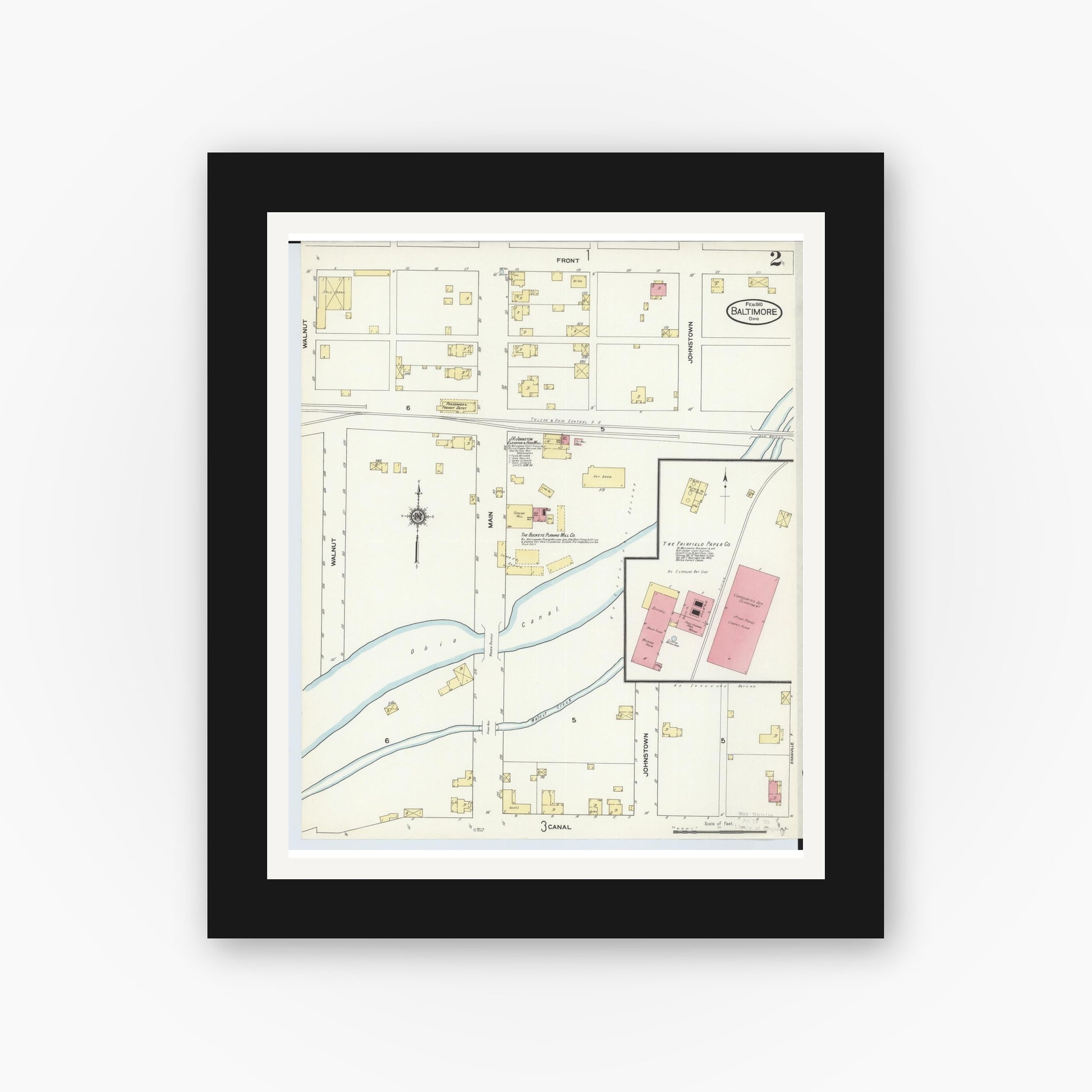 Old map wall art mockup — black gallery frame with white mat — Sanborn Fire Insurance Map from Baltimore, Fairfield County, Ohio (1910), Sheet #0002
