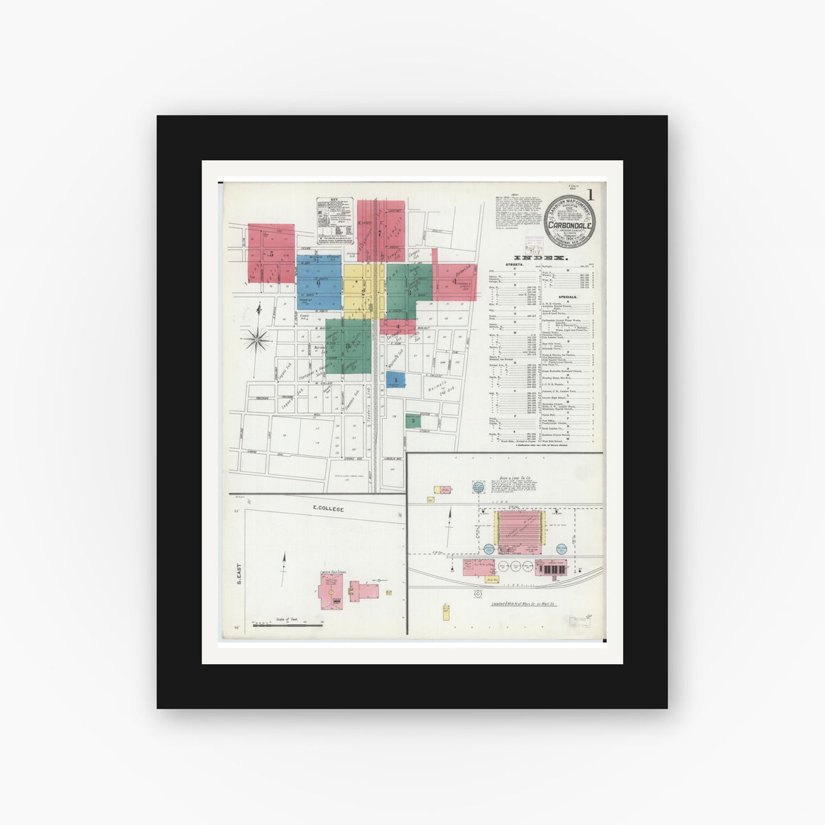 Old map wall art mockup — black gallery frame with white mat — Sanborn Fire Insurance Map from Carbondale, Jackson County, Illinois (1906), Sheet #0001