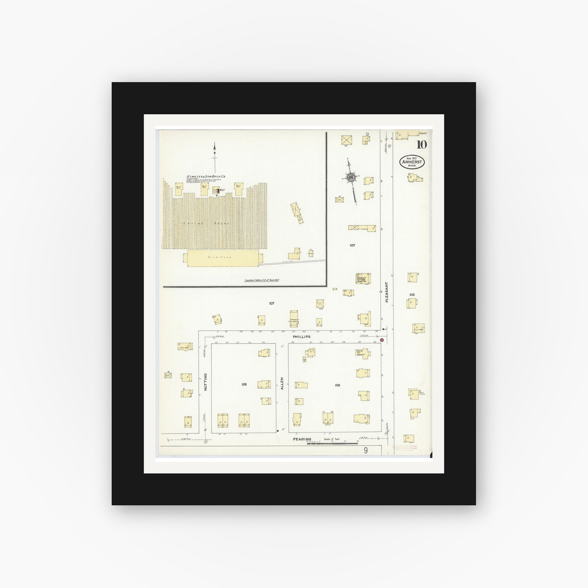 Old map wall art mockup — black gallery frame with white mat — Sanborn Fire Insurance Map from Amherst, Hampshire County, Massachusetts (1910), Sheet #0010
