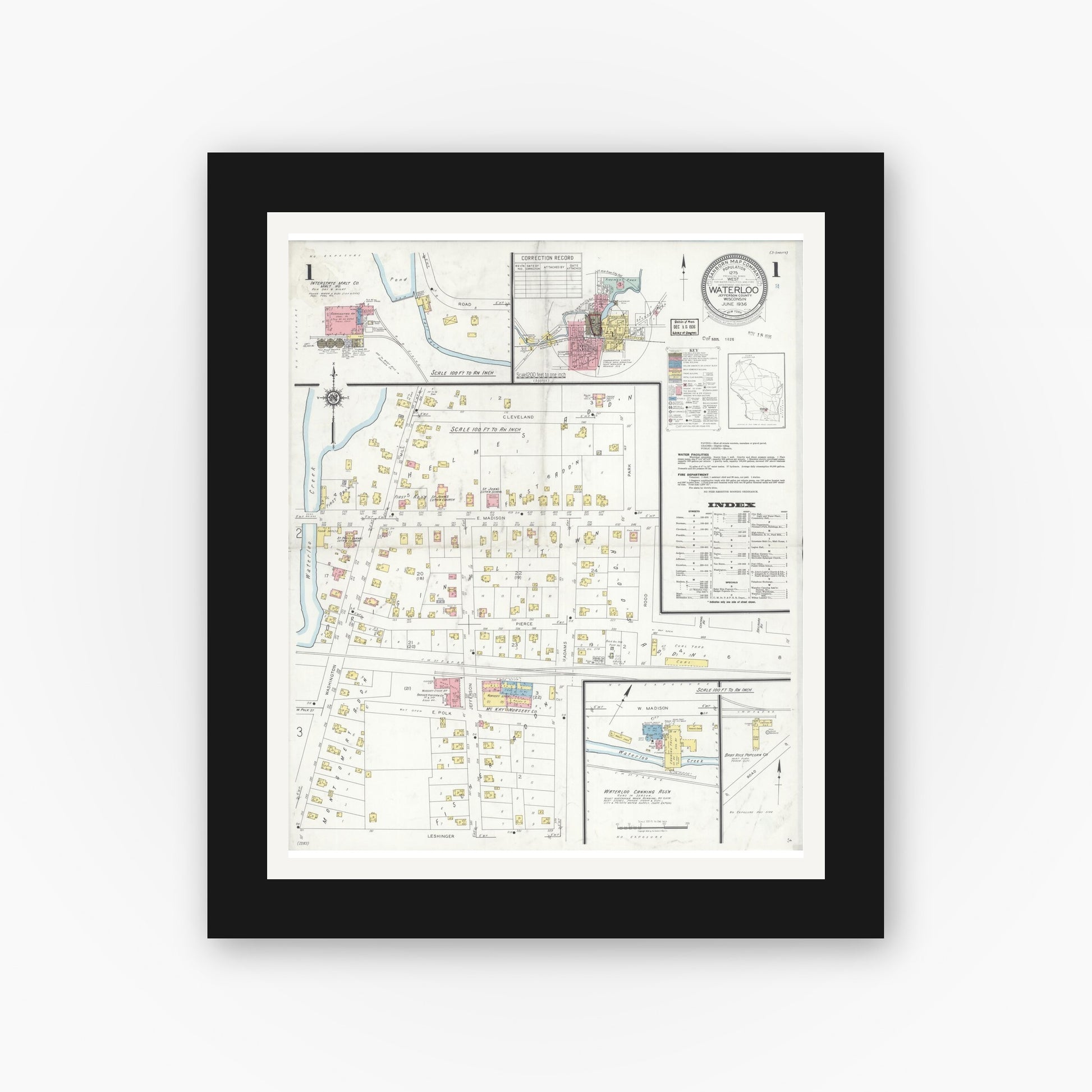 Old map wall art mockup — black gallery frame with white mat — Sanborn Fire Insurance Map from Waterloo, Jefferson County, Wisconsin (1936), Sheet #0001